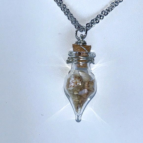 Beach in a Bottle Necklace Shells Stainless Steel Double Chain Boho Mermaid Work - Picture 1 of 6